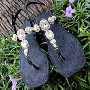 Jeweled Dark Black Denim Dressy Strap Bling Gold Accent Sandals Size 7/7.5/8/8.5